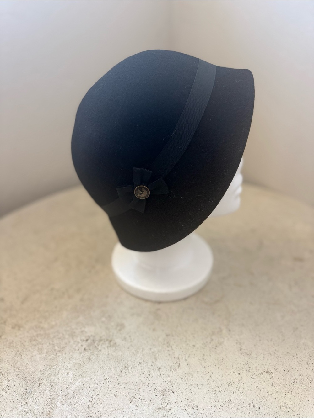 Black Felt Cloche with Bow Accent